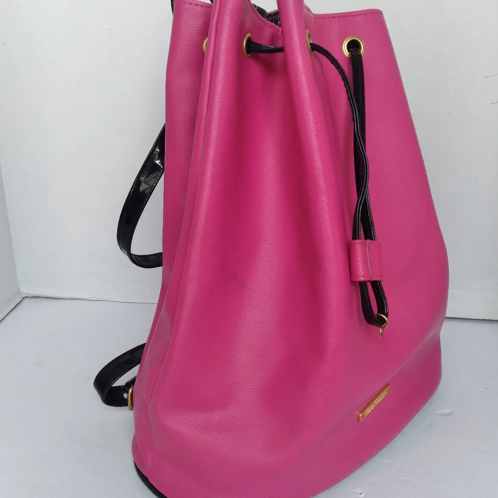 Juicy‎ Couture Hot Pink Drawstring Bucket Backpack Gold Hardware Black Straps